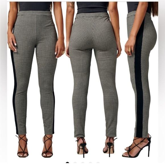 LITA By Ciara Pants - High-Waist Houndstooth Skinny Pants with Side Stripe - Black/White